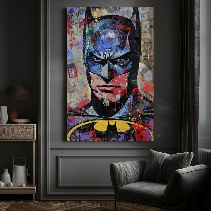 Modern tablou pe pânză cu motivul Batman: Temný strážca în negru-albastru nuanțe, atmosferă intensă | Tablou Batman: Temný strážca – produs, vedere 2
