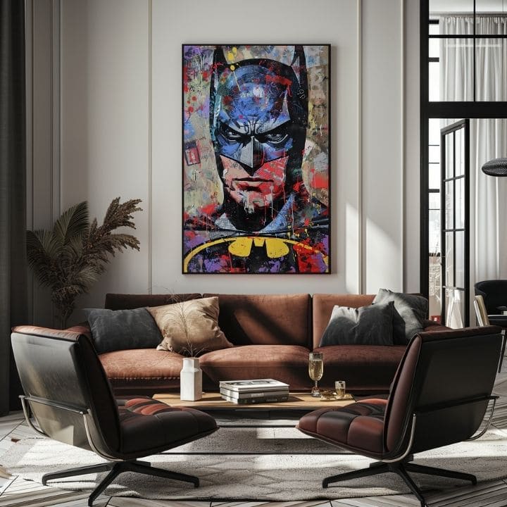 Modern tablou pe pânză cu motivul Batman: Temný strážca în negru-albastru nuanțe, atmosferă intensă | Tablou Batman: Temný strážca – produs, vedere 3