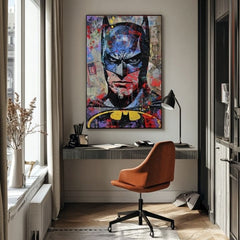 Modern tablou pe pânză cu motivul Batman: Temný strážca în negru-albastru nuanțe, atmosferă intensă | Tablou Batman: Temný strážca – produs