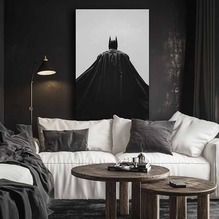 Modern tablou pe pânză cu motivul Batman: Strážca noci în negru-alb nuanțe, atmosferă dramatică, singurătate și forță și putere | Tablou Batman: Strážca noci – produs