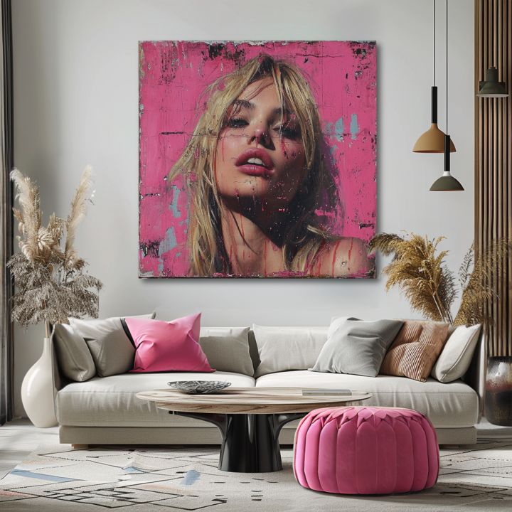 Modern tablou pe pânză cu motivul Blonďavá frumusețe - Ružová barbie, atmosferă îndrăzneață, frumusețe și cultură pop | Tablou Blonďavá frumusețe - Ružová barbie – produs