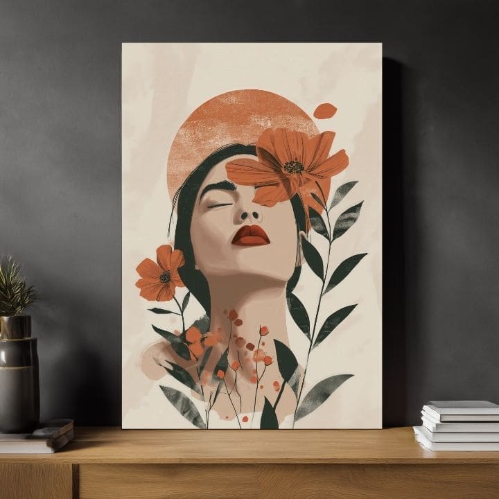 Modern tablou pe pânză cu motivul Blooming Soul, flori, soare, frunze în crem-portocaliu nuanțe, atmosferă liniștită, natură și frumusețe | Tablou Blooming Soul – produs