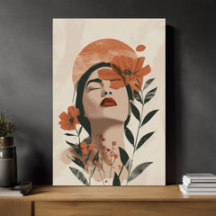 Modern tablou pe pânză cu motivul Blooming Soul, flori, soare, frunze în crem-portocaliu nuanțe, atmosferă liniștită, natură și frumusețe | Tablou Blooming Soul – produs