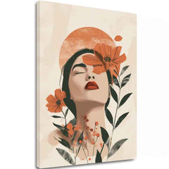 Modern tablou pe pânză cu motivul Blooming Soul, flori, soare, frunze în crem-portocaliu nuanțe, atmosferă liniștită, natură și frumusețe | Tablou Blooming Soul – principală