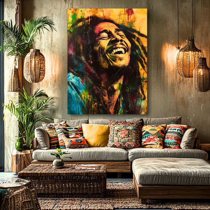 Finisat manual tablou pe pânză Bob Marley Jamajská hviezda 100% original akrylom - principală vedere