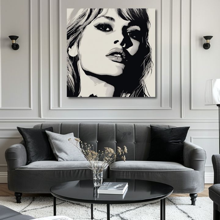Modern tablou pe pânză cu motivul Brigitte Bardot - Eleganță 60. rokov, păr în alb-negru nuanțe, atmosferă dramatică | Tablou Brigitte Bardot - Eleganță 60. rokov – produs