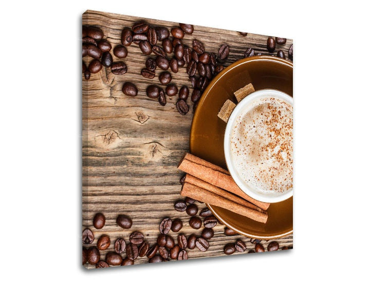 Rustic tablou pe pânză cu motivul ceașcă de cafea în alb-bej nuanțe, atmosferă confortabilă, potrivit pentru bucătărie | Tablou de perete BUCĂTĂRIE – principală