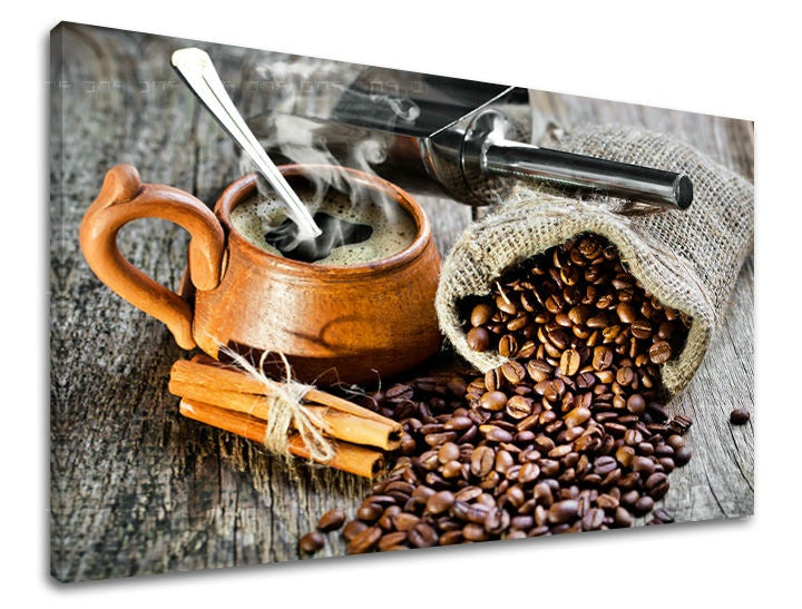 Vintage tablou pe pânză cu motivul ceașcă de cafea în bej-maro nuanțe, atmosferă confortabilă, potrivit pentru bucătărie | Tablou de perete BUCĂTĂRIE – principală