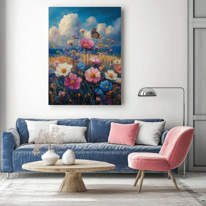 Modern tablou pe pânză cu motivul Motýlia pajiște - Prémiová imprimare, fluture, cer, nori în albastru-auriu nuanțe, atmosferă veselă | Tablou Motýlia pajiște - Prémiová imprimare – produs, vedere 3