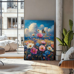 Modern tablou pe pânză cu motivul Motýlia pajiște - Prémiová imprimare, fluture, cer, nori în albastru-auriu nuanțe, atmosferă veselă | Tablou Motýlia pajiște - Prémiová imprimare – produs, vedere 4