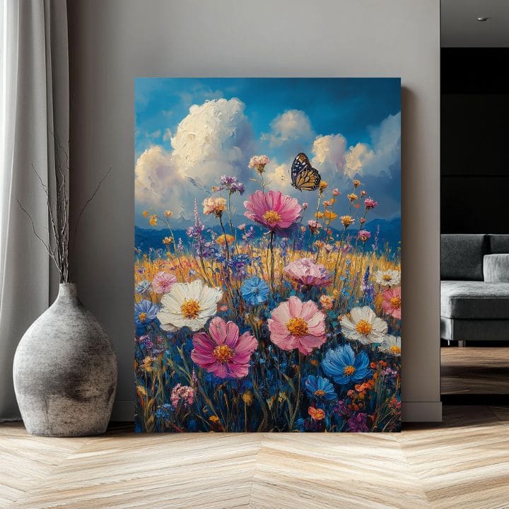 Modern tablou pe pânză cu motivul Motýlia pajiște - Prémiová imprimare, fluture, cer, nori în albastru-auriu nuanțe, atmosferă veselă | Tablou Motýlia pajiște - Prémiová imprimare – produs, vedere 2