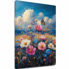 Modern tablou pe pânză cu motivul Motýlia pajiște - Prémiová imprimare, fluture, cer, nori în albastru-auriu nuanțe, atmosferă veselă | Tablou Motýlia pajiște - Prémiová imprimare – principală