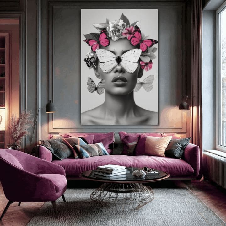 Modern tablou pe pânză cu motivul Butterfly Vision, fluturi, flori în alb-negru nuanțe, atmosferă eterică, frumusețe și vise | Tablou Butterfly Vision – produs, vedere 2