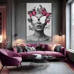 Modern tablou pe pânză cu motivul Butterfly Vision, fluturi, flori în alb-negru nuanțe, atmosferă eterică, frumusețe și vise | Tablou Butterfly Vision – produs, vedere 2