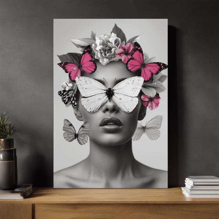Modern tablou pe pânză cu motivul Butterfly Vision, fluturi, flori în alb-negru nuanțe, atmosferă eterică, frumusețe și vise | Tablou Butterfly Vision – produs