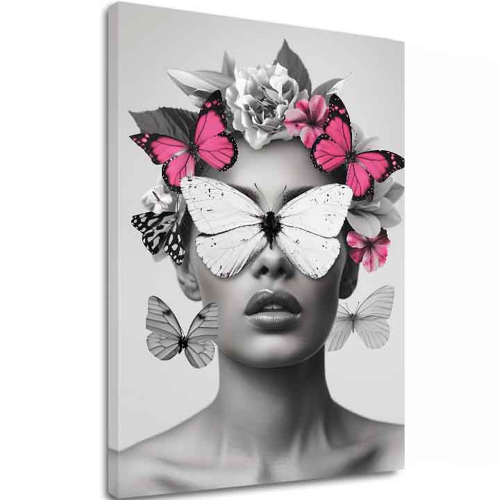 Modern tablou pe pânză cu motivul Butterfly Vision, fluturi, flori în alb-negru nuanțe, atmosferă eterică, frumusețe și vise | Tablou Butterfly Vision – principală