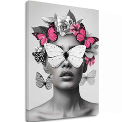 Modern tablou pe pânză cu motivul Butterfly Vision, fluturi, flori în alb-negru nuanțe, atmosferă eterică, frumusețe și vise | Tablou Butterfly Vision – principală
