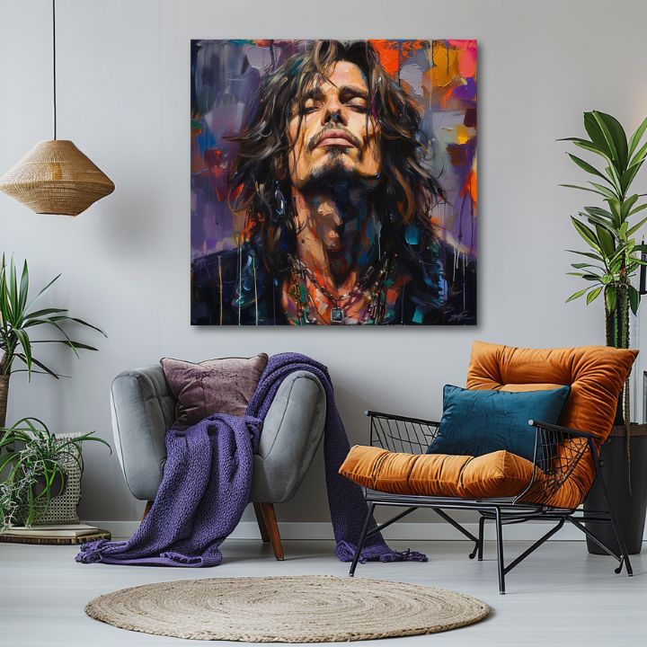 Modern tablou pe pânză cu motivul Chris Cornell - Hlas grunge scény în violet-portocaliu nuanțe, rock and roll | Tablou Chris Cornell - Hlas grunge scény – produs, vedere 2