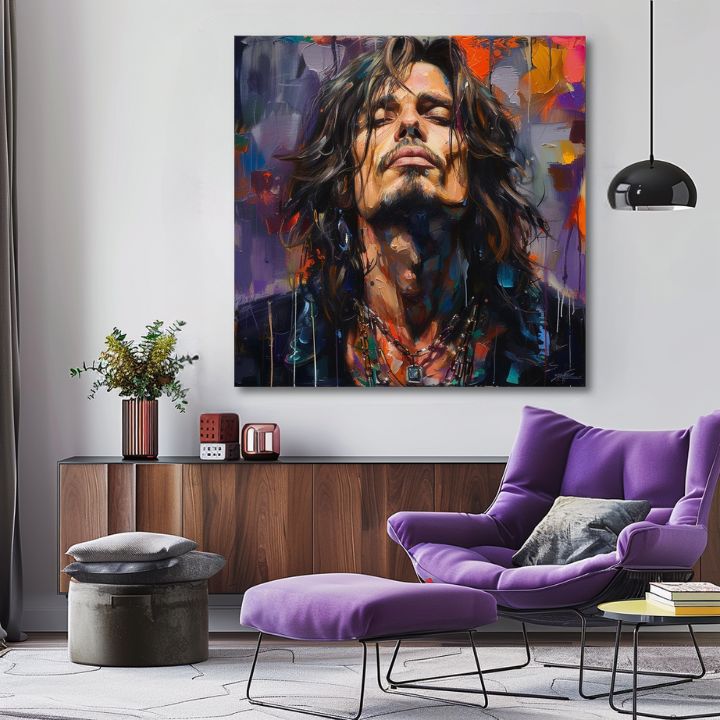 Modern tablou pe pânză cu motivul Chris Cornell - Hlas grunge scény în violet-portocaliu nuanțe, rock and roll | Tablou Chris Cornell - Hlas grunge scény – produs