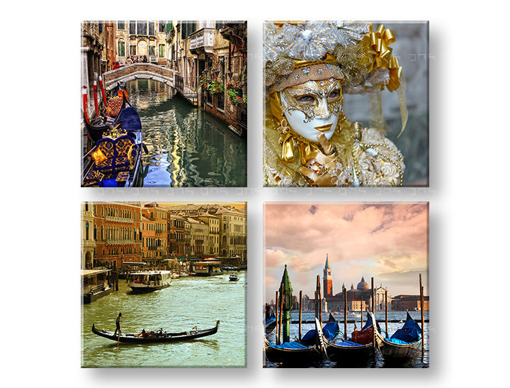 În stil boho tablou pe pânză cu motivul Venezia, peisaj, motiv urban în albastru-auriu nuanțe, atmosferă romantică, romantism, potrivit pentru birou de lucru – principală