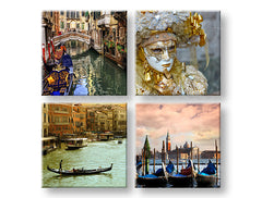În stil boho tablou pe pânză cu motivul Venezia, peisaj, motiv urban în albastru-auriu nuanțe, atmosferă romantică, romantism, potrivit pentru birou de lucru – principală