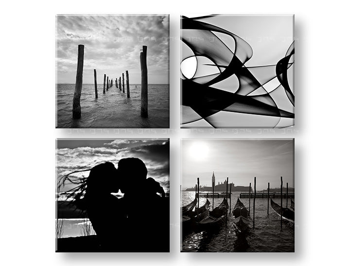 Colaj tablou pe pânză cu motivul Memories of love, peisaj în alb-negru nuanțe, atmosferă romantică, dragoste și natură, execuție multi-panou – principală