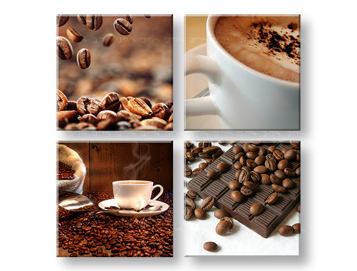 Colaj tablou pe pânză cu motivul Coffee time, ceașcă de cafea, motiv religios în bej-maro nuanțe, atmosferă confortabilă, execuție multi-panou – principală