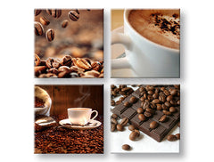 Colaj tablou pe pânză cu motivul Coffee time, ceașcă de cafea, motiv religios în bej-maro nuanțe, atmosferă confortabilă, execuție multi-panou – principală