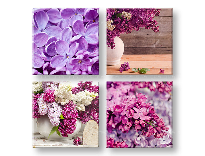 Colaj tablou pe pânză cu motivul Lilacs, flori, natură, animal în alb-violet nuanțe, atmosferă liniștită, atmosferă de primăvară și natură, execuție multi-panou – principală