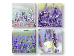 Colaj tablou cu motivul Lavender dream, lavandă, fluture în violet-verde nuanțe | Tablou de perete Lavender dream, natură și atmosferă de primăvară – previzualizare