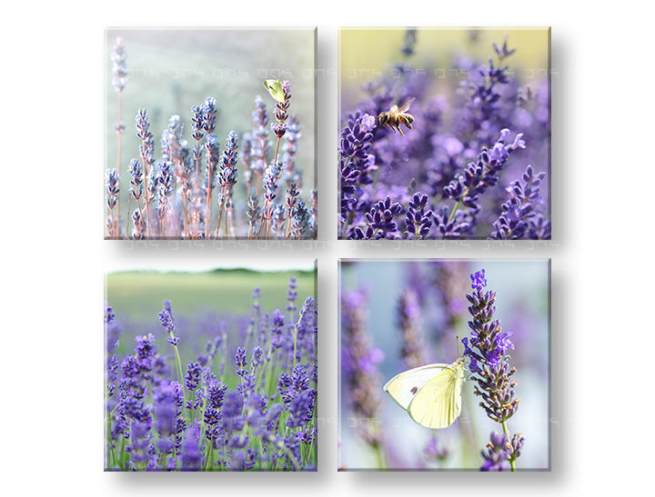 Colaj tablou pe pânză cu motivul Lavender dream, lavandă, fluture, flori, câmp în violet-verde nuanțe, atmosferă liniștită, execuție multi-panou – principală
