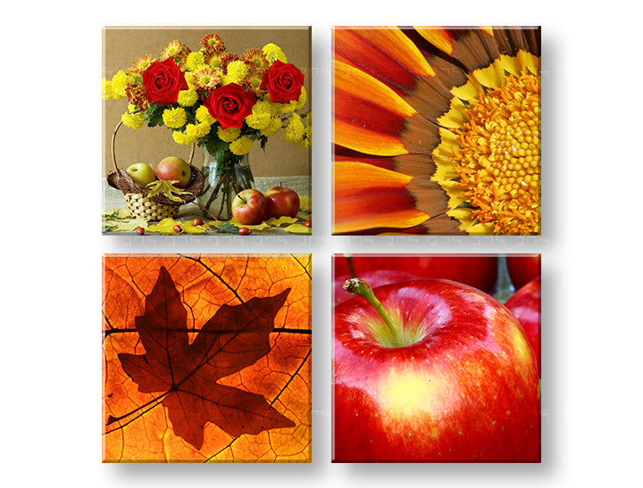 Colaj tablou pe pânză cu motivul The smell of Autumn, trandafiri, slnečnica, flori, natură în portocaliu-roșu nuanțe, atmosferă caldă, execuție multi-panou – principală
