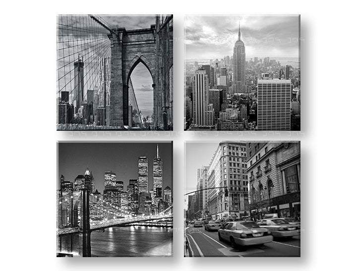 Pop art tablou pe pânză cu motivul Big apple în alb-negru nuanțe, viață urbană, execuție multi-panou, potrivit pentru birou | Tablou de perete Big apple – principală