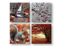 Colaj tablou pe pânză cu motivul Beauty of Autumn, cascadă, peisaj, natură în maro-portocaliu nuanțe, atmosferă liniștită, execuție multi-panou – principală