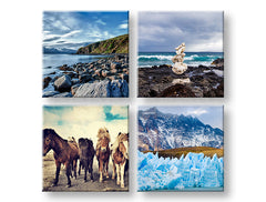 În stil boho tablou pe pânză cu motivul Walking through the Iceland, cai, munți, peisaj, mare și plajă în albastru-verde nuanțe, execuție multi-panou – principală