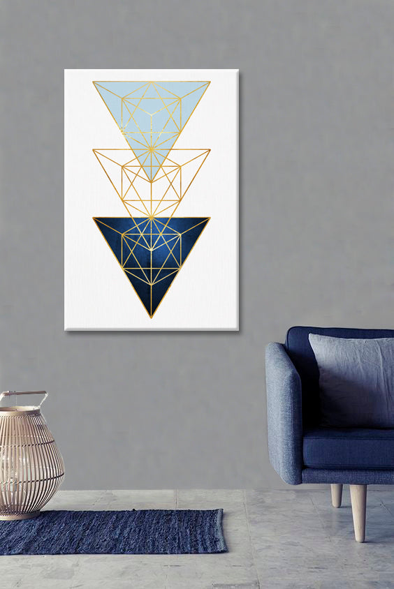 Geometric tablou pe pânză cu motivul Contrast & Emotion, hartă, natură în alb-albastru nuanțe agățat în interiorul sufragerie, atmosferă sofisticată – interior