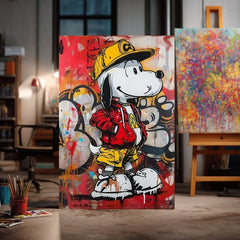 Modern tablou pe pânză cu motivul Cool Snoopy na pânză în roșu-galben nuanțe, atmosferă energică, cultură pop și viață urbană | Tablou Cool Snoopy na pânză – produs, vedere 2