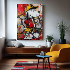 Modern tablou pe pânză cu motivul Cool Snoopy na pânză în roșu-galben nuanțe, atmosferă energică, cultură pop și viață urbană | Tablou Cool Snoopy na pânză – produs