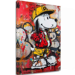 Modern tablou pe pânză cu motivul Cool Snoopy na pânză în roșu-galben nuanțe, atmosferă energică, cultură pop și viață urbană | Tablou Cool Snoopy na pânză – principală