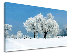 Clasic tablou pe pânză cu motivul peisaj, natură, copaci în alb-albastru nuanțe, atmosferă liniștită, natură, potrivit pentru sufragerie | Tablou de perete COPACI – principală