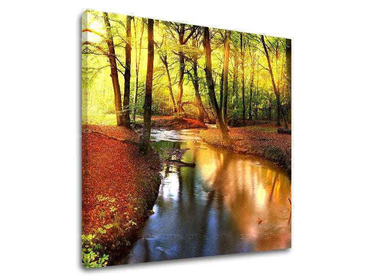 Clasic tablou pe pânză cu motivul pădure, copaci, frunziș de toamnă, peisaj, hartă în portocaliu-verde nuanțe, atmosferă liniștită, potrivit pentru sufragerie – principală
