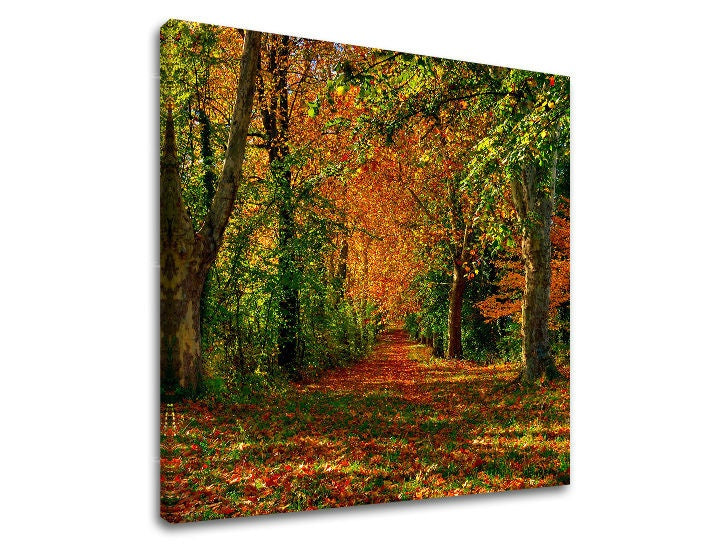 Clasic tablou pe pânză cu motivul peisaj, natură, copaci în portocaliu-verde nuanțe, atmosferă liniștită, natură și singurătate, potrivit pentru hol – principală
