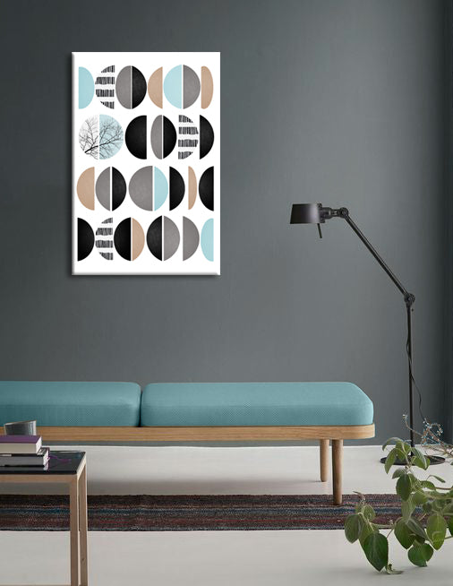 Geometric tablou pe pânză cu motivul Child with Variation, modele geometrice, hartă, natură în alb-bej nuanțe agățat în interiorul sufragerie – interior