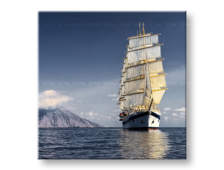 În stil boho tablou pe pânză cu motivul KRAJINA, ocean, munte, cer, motiv de călătorie în alb-albastru nuanțe, atmosferă liniștită, potrivit pentru sufragerie – principală