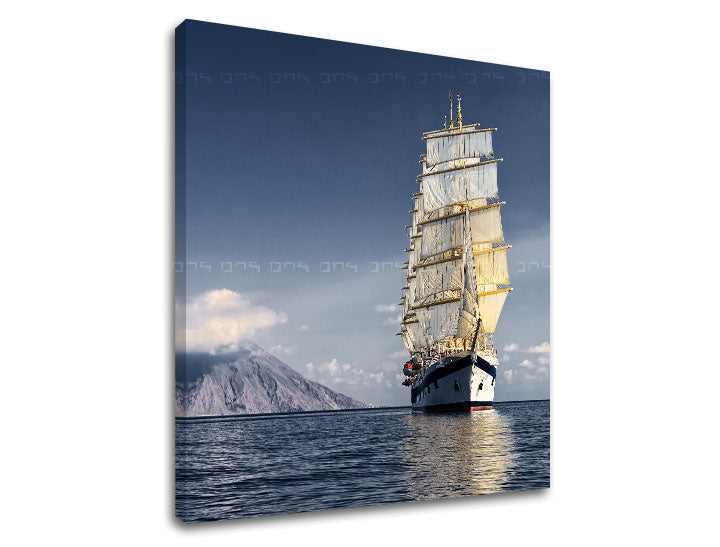În stil boho tablou pe pânză cu motivul KRAJINA, ocean, munte, cer, motiv de călătorie în alb-albastru nuanțe, atmosferă liniștită, potrivit pentru sufragerie – produs