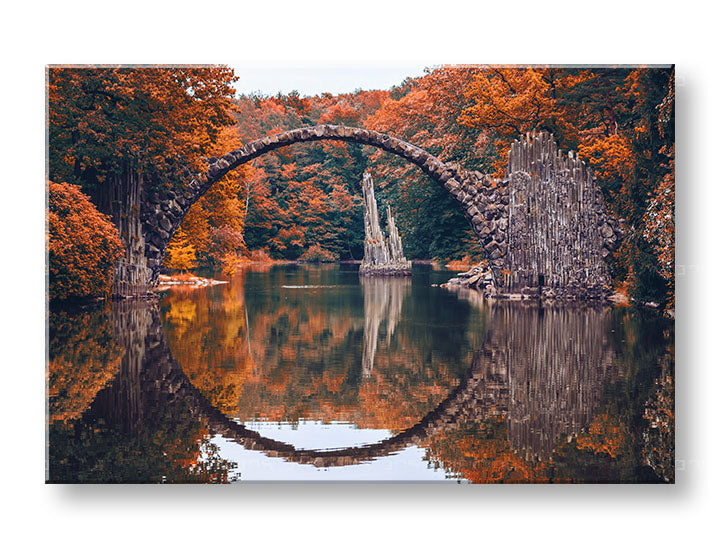 Clasic tablou pe pânză cu motivul KRAJINA, lac, arhitectură, natură în portocaliu-roșu nuanțe, atmosferă liniștită, natură, potrivit pentru sufragerie – principală