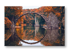 Clasic tablou pe pânză cu motivul KRAJINA, lac, arhitectură, natură în portocaliu-roșu nuanțe, atmosferă liniștită, natură, potrivit pentru sufragerie – principală