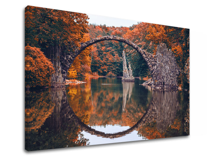 Clasic tablou pe pânză cu motivul KRAJINA, lac, arhitectură, natură în portocaliu-roșu nuanțe, atmosferă liniștită, natură, potrivit pentru sufragerie – produs