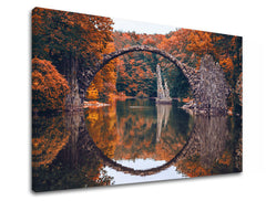Clasic tablou pe pânză cu motivul KRAJINA, lac, arhitectură, natură în portocaliu-roșu nuanțe, atmosferă liniștită, natură, potrivit pentru sufragerie – produs