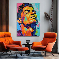 Modern tablou pe pânză cu motivul Cristiano Ronaldo - Energia víťaza în portocaliu-violet nuanțe, atmosferă energică, glorie | Tablou Cristiano Ronaldo - Energia víťaza – produs, vedere 2